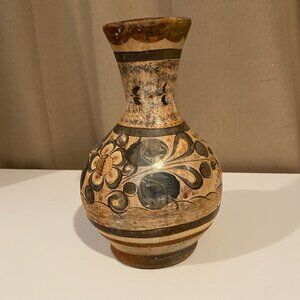 Vintage Tonala Mexican Pottery Vase - Hand-Painted Birds & Burn Scar, 8.5"x6"‎